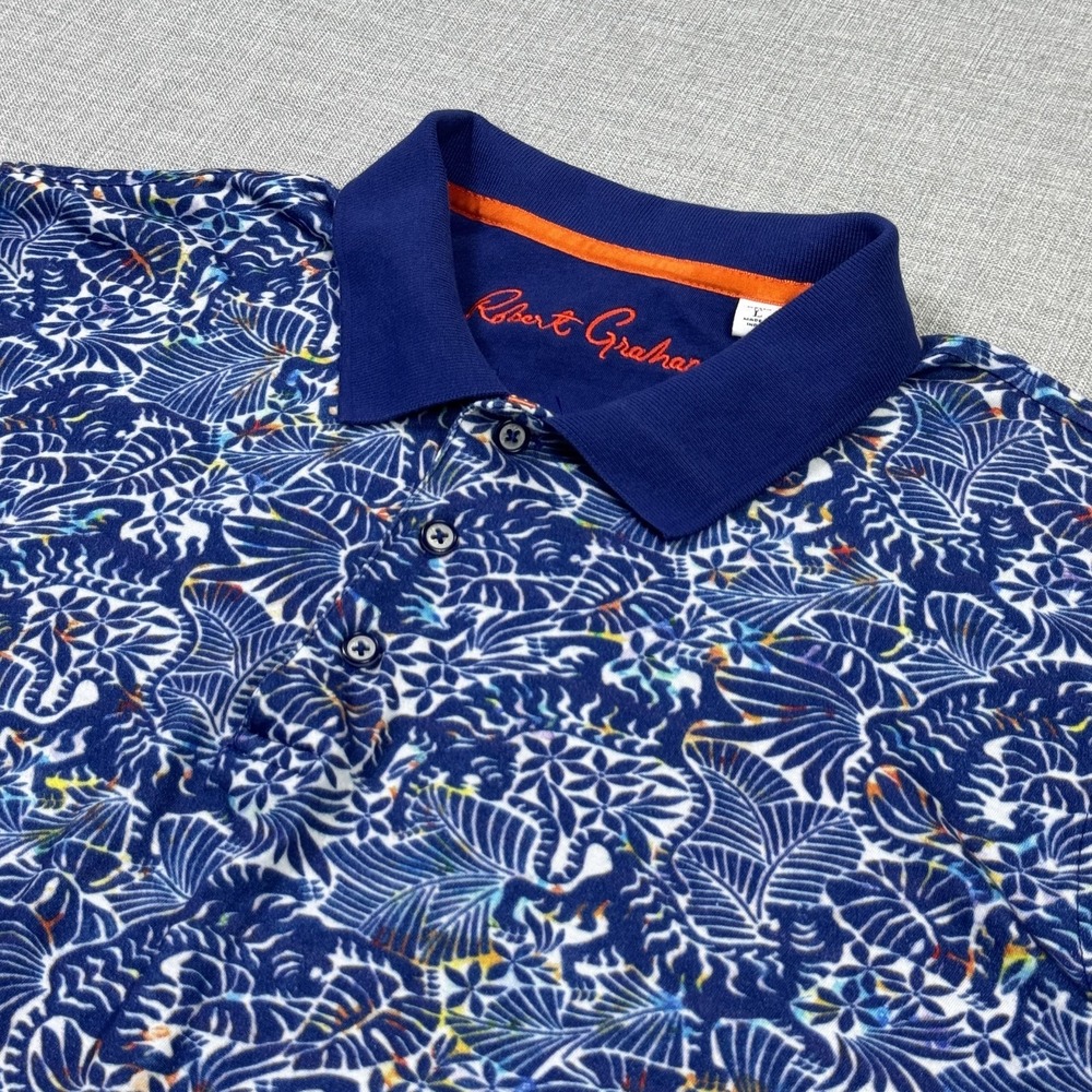 Robert Graham Polo Shirt Mens Large Blue Floral Short Sleeve Collared Cotton